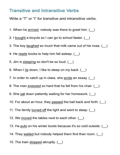 transitive and intransitive verbs worksheets grade 5 pdf